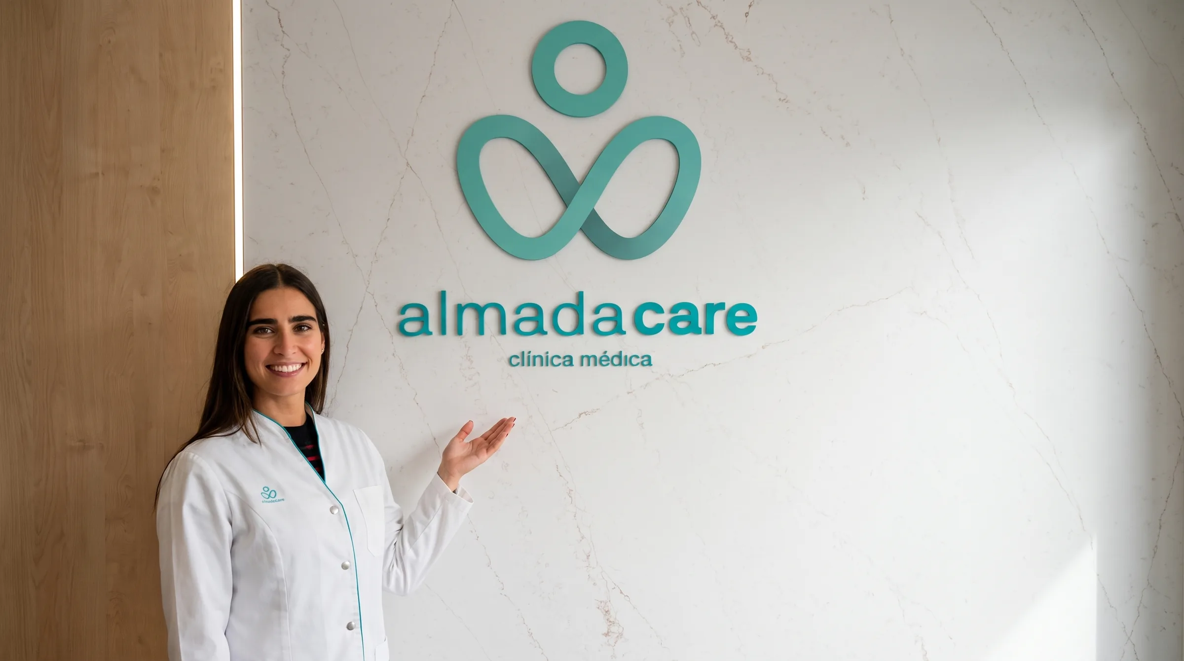 Dra. Ana Couto junto à parede de mármore da Clínica Almada Care, a apresentar as especialidades.