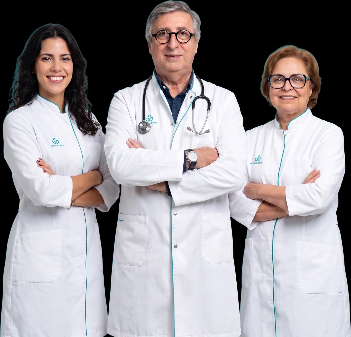 Equipa médica da Almada Care: três médicos de bata branca com o símbolo da clínica